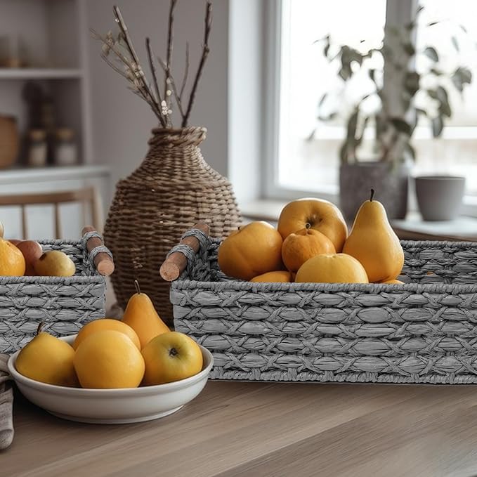 Small Storage Basket Wicker Baskets for Organizing with Handle Decorative Storage Bin for Countertop Toilet Paper Basket for Toilet Tank Top Small Baskets,Light Grey - Image 3