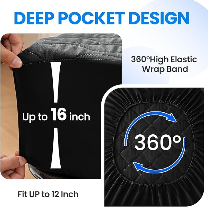 Waterproof Mattress Protector,King Mattress Protector Fitted Up to 16" Deep Pocket, Soft Breathable Bed Mattress Cover for Bedroom,Doom Room Machine Washable,(Black)