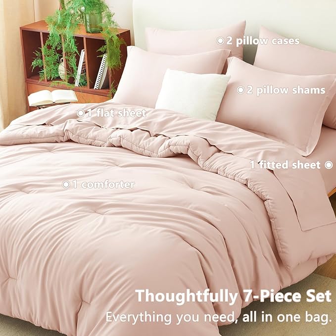CozyLux Queen Comforter Set Blush Pink, 7 Pieces Bed in a Bag Queen Comforter Set with Sheets, Luxury Soft Bedding Sets with Down Alternative Comforter, Fitted Sheet, Flat Sheet, Pillowcases & Shams