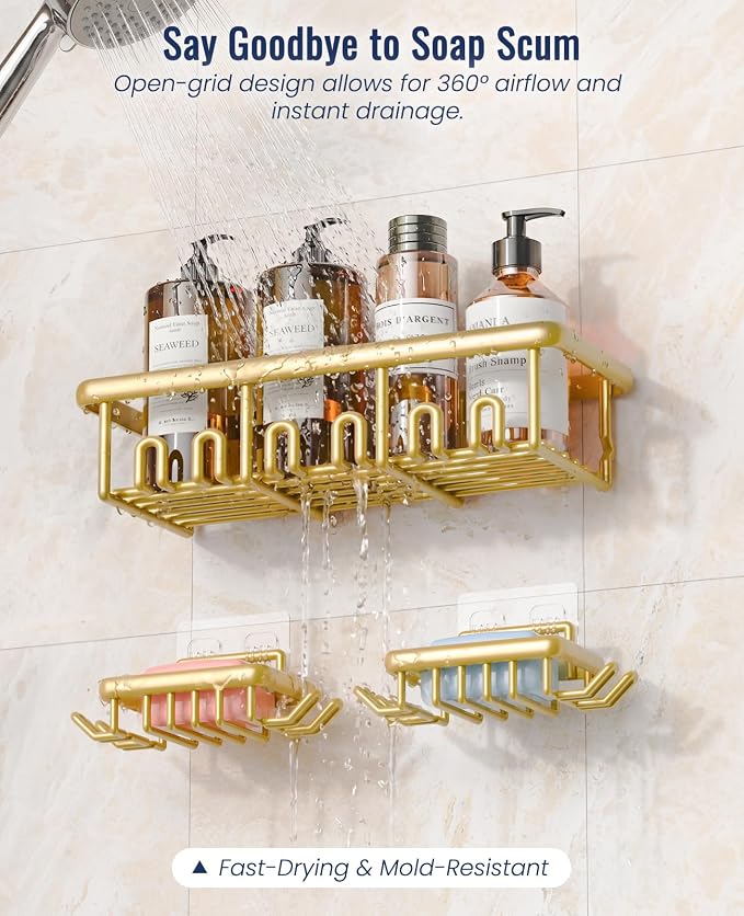 8 Pack Adhesive Rustproof Shower Shelves with Soap Dishes, Toothbrush Holder & Hooks, Large Capacity No-Drilling Shower Shelves Rack for Bathroom Organizers and Storage Accessories, Gold - Image 5
