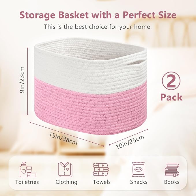 ECDYQXVU Cotton Rope Shelf Storage Basket, 15x10x9 in, Shelf Storage Baskets for Clothes, Towels, Books, Laundry (White/ Pink, 2 Pack) - Image 2