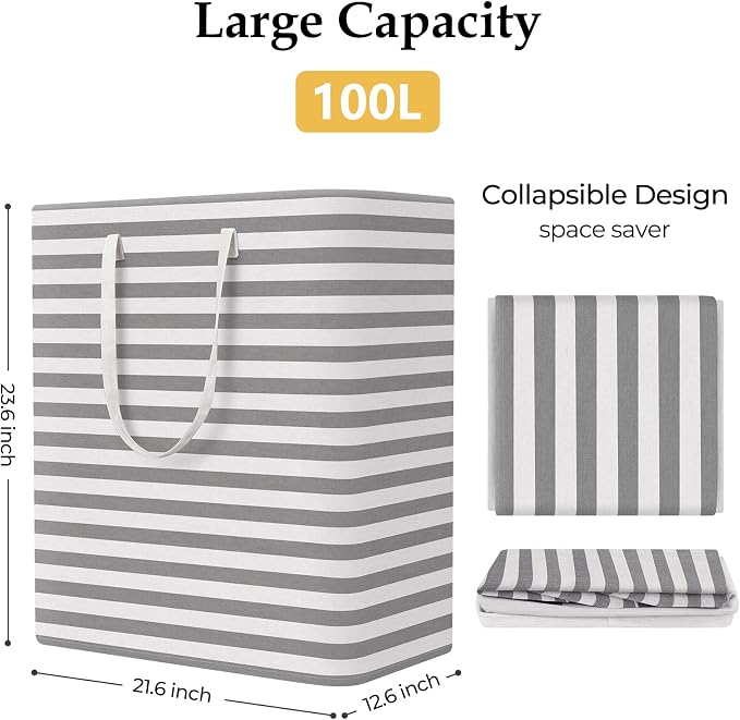 StorageRight Laundry Basket Hamper Large Collapsible Laundry Hamper with Easy Carry Handles，Freestanding Clothes Hampers for Laundry, Bedroom, Dorm, Clothes, Towels, 100L, Grey - Image 2