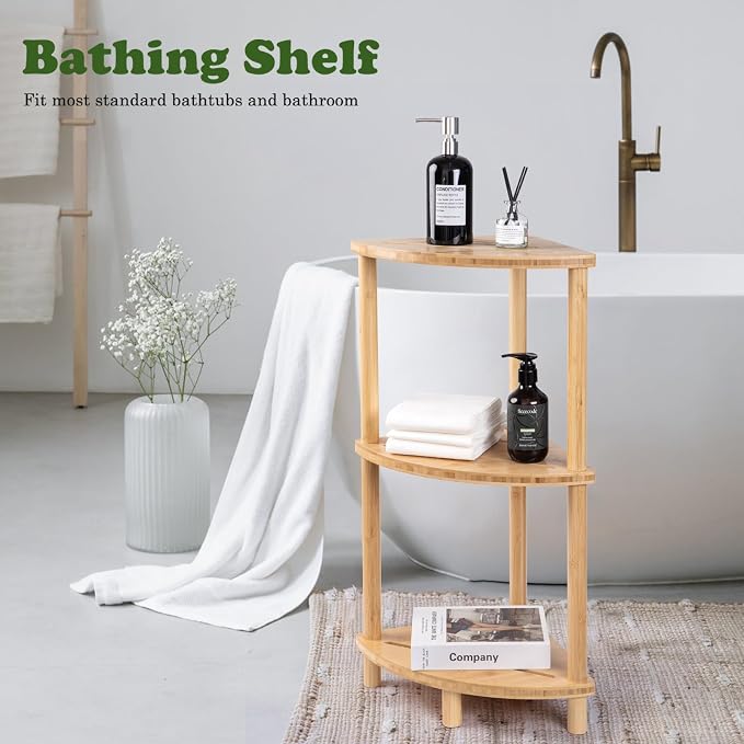 Corner Shower Caddy Stand, Bamboo Shower Organizer Standing with Anti-Slip Feet, Bathroom Corner Shelf,Waterproof & Durable, Space-Saving Design Storage for Kitchen or Living Room - Image 4
