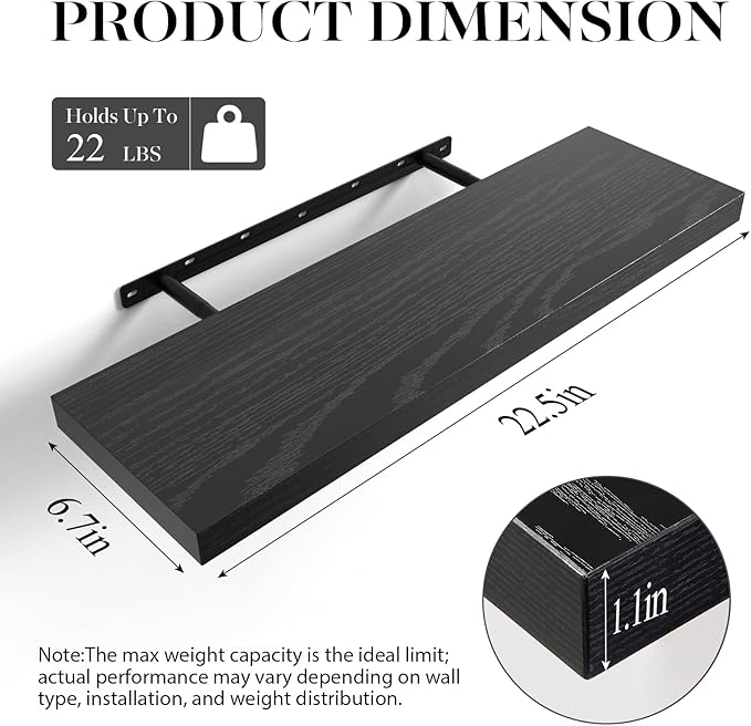 BAYKA Floating Shelves for Wall, Set of 3, 22.5 Inches Wall Mounted Rustic Wood Shelves for Bathroom, Bedroom, Living Room or Kitchen Decor, Storage for Books, Lego, Plants, Daily Necessities, Black - Image 3