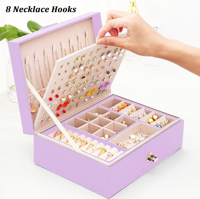 Earrings Jewelry Box for Girls, Large Capacity Jewelry Organizer with 40-Pair Earring Board, 2-Layer Leather Jewelry Storage Box for Necklaces Rings Bracelets with Removable Tray, LightPurple - Image 7