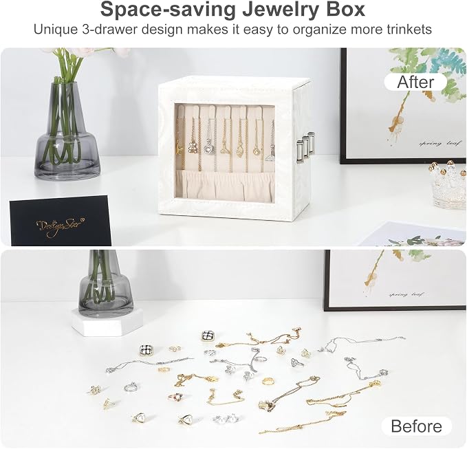DesignSter Jewelry Box Organizer, Jewelry Box for Women, PU Jewelry Organizer Display Case with Side Drawers, Jewelry Storage for Earring Necklace Ring Bracelet Watch - Image 5
