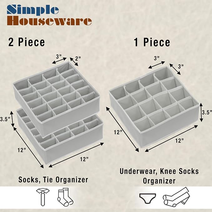 Simple Houseware Sock Drawer Organizer for Dresser/Closet/Bedroom, 3 Pack, Gray - Image 2