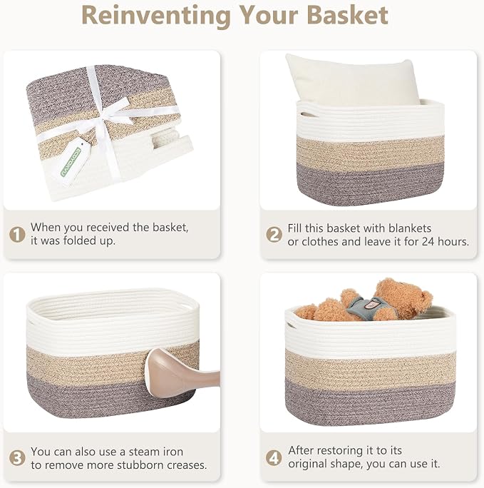 ECDYQXVU Cotton Rope Storage Basket, 15x10x9 Inches, Woven Basket for Shelves, Clothes, Towels, Books, and Laundry, White Blue (1 Pack) - Image 8