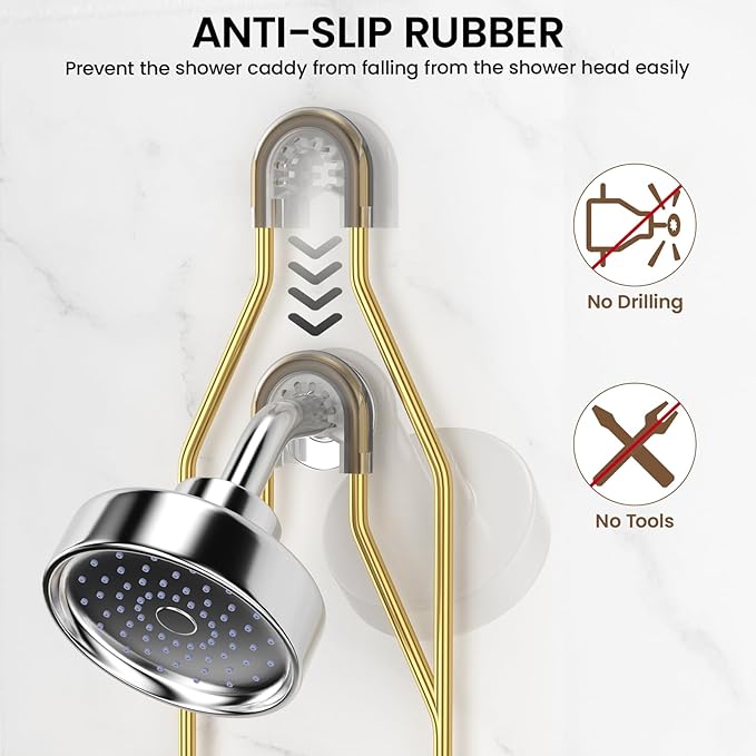 Shower Caddy Hanging Adjustable Shower Caddy, Rustproof Shower Organizer Extended Length Showers Caddy Over Shower Head with Hooks Soap Holder, Large Capacity Anti-Swing Bathroom Organizer, Gold - Image 4