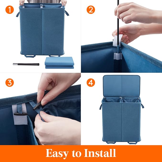 Lifewit Double Laundry Hamper with Lid and Removable Laundry Bags, Large Collapsible 2 Dividers Dirty Clothes Basket with Handles for Bedroom Laundry Room Closet Bathroom College, 136L Blue - Image 3