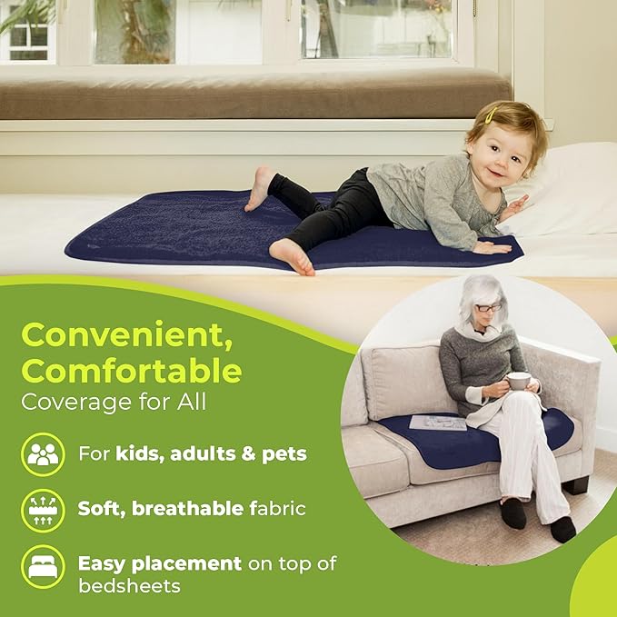 PeapodMats Bedwetting & Incontinence Waterproof Bed Mat - Reusable Underpad. Secure Placement & Breathable. Washable. Enviro Friendly 3x3 (Navy Blue) Mattress Protector & Pee Pad for Kids & Adults