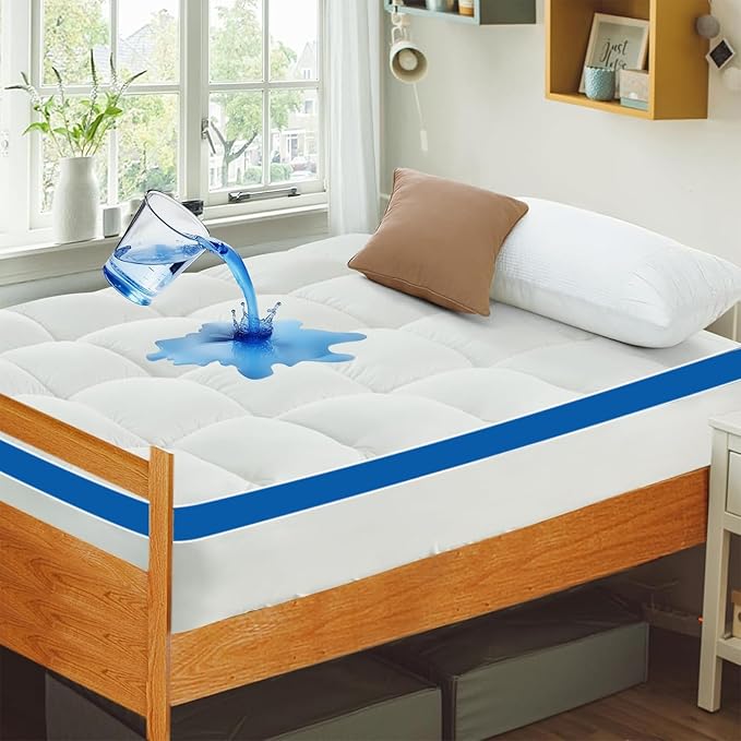 Mattress Topper Twin XL College Dorm, Waterproof Bed Topper Twin XL Mattress Pad Cover for College, Cooling Pillow Top Mattress Topper with Deep Pockets Fluffy Fill Mattress Protector