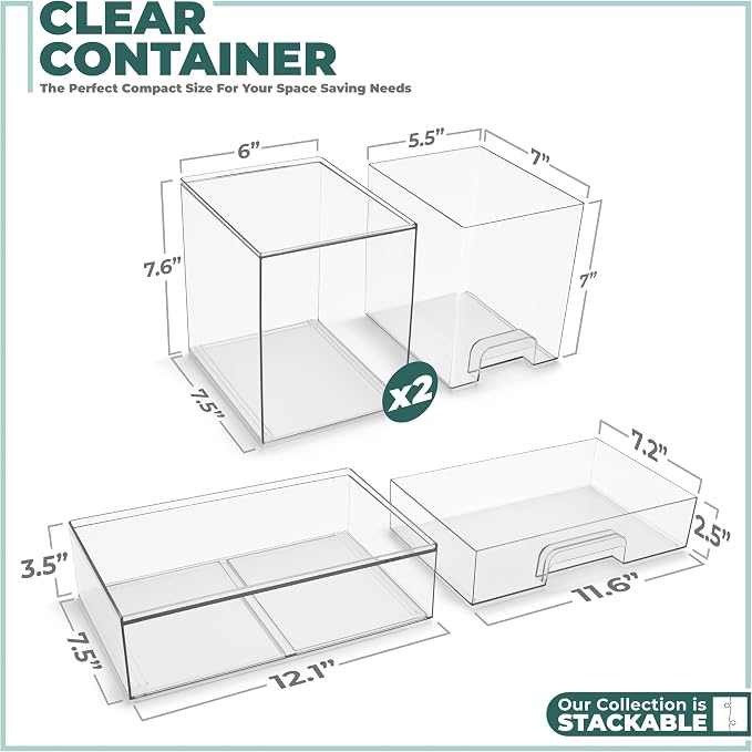 Sorbus Stackable Acrylic Storage Drawers – 4 Tall + 2 Wide – 6 Pack Clear Plastic Organizer Bins for Baby Bottles, Makeup, Bathroom & Vanity, Pull-Out Drawer Design for Kitchen Cabinets - Image 5