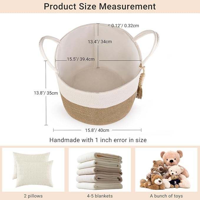 Mkono Woven Storage Basket Decorative Natural Rope Basket Wooden Bead Decoration for Blankets,Toys,Clothes,Shoes,Plant Organizer Bin with Handles Living Room Home, 16" Wx13.8 L, Cream White and Brown - Image 4