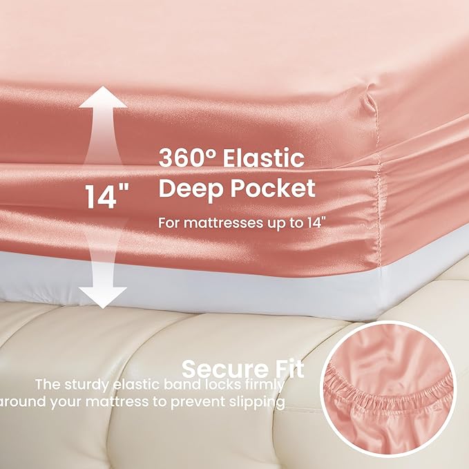Love's cabin Full Size Satin Sheet Sets - 4 Piece Coral Silky Satin Sheet Set Full with Deep Pocket, Luxury Silk Feel Satin Bed Sheets Full Bedding Set (1 Flat Sheet,1 Fitted Sheet,2 Pillow Cases)