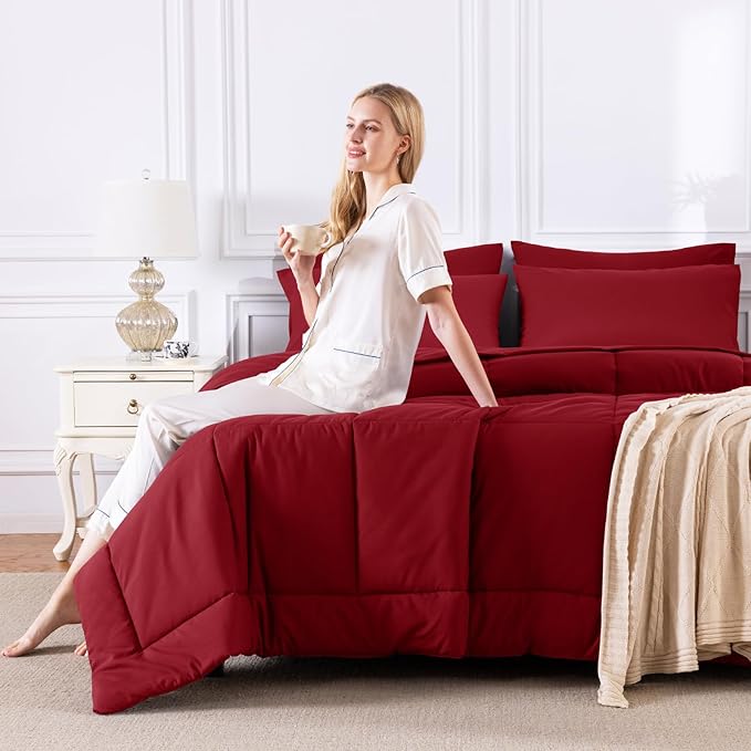 CozyLux Queen Comforter Set Dark Red, 7 Pieces Bed in a Bag, Red Comforters Queen Size, All Season Bedding Sets with Stitch Quilted Comforter, Flat Sheet, Fitted Sheet, Pillowcases