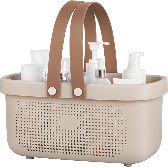 JiatuA Plastic Storage Basket with Handle Portable Shower Caddy Tote Organizer Basket Bin for Bathroom Kitchen Dorm Room Bedroom, Beige by JiatuA