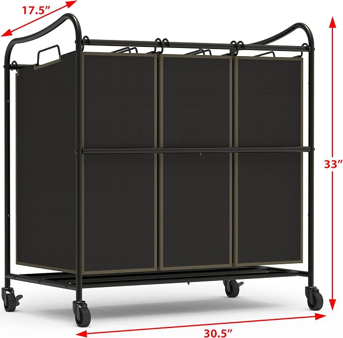 Simple Houseware Heavy Duty 3-Bag Laundry Sorter Rolling Cart, Bronze - Image 2