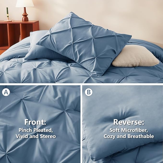 CozyLux Full Size Comforter Sets Grayish Blue, 7 Pieces Pintuck Bed in A Bag Blue Comforter Full Size, Pinch Pleat Bedding Sets with All Season Comforter, Sheets, Pillowcases & Shams