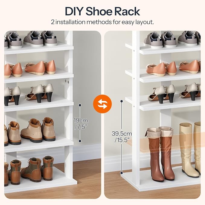 HOOBRO 10 Tiers Vertical Shoe Rack, Wooden Shoe Storage Organizer with Hooks, Narrow Shoe Tower for 20 Pairs, Space Saving, for Entryway, Living Room, Bedroom, White WT140XJ01 - Image 7