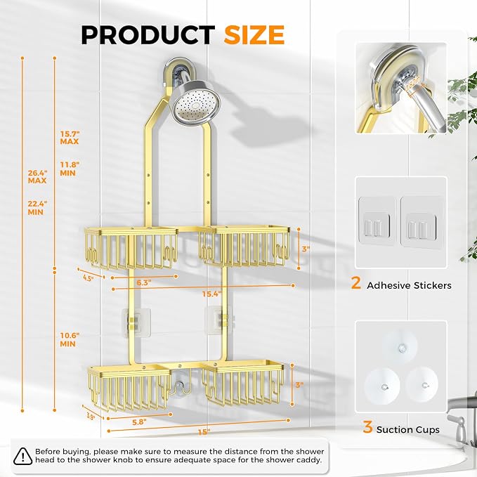 REINHARDT Aluminum Shower Caddy Hanging Adjustable Shower Caddy, Rustproof Hanging Shower Organizer with Hooks Soap Holders, Over Shower Head Caddy for Handheld Showerhead, Gold - Image 7