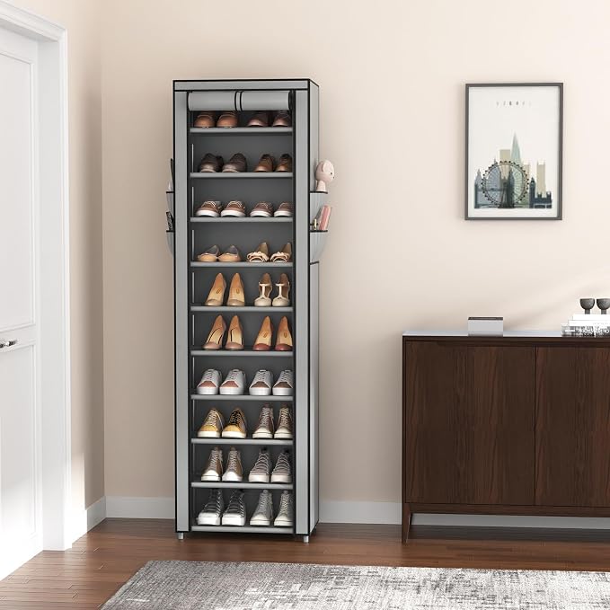 VTRIN Vertical Narrow Shoe Rack Organizer Tall Shoe Rack for Closet Entryway 10 Tier Non-Woven Cover Shoe Shelf Holds 20-22 Pairs Free Standing Shoe Storage Cabinet with Dustproof Cover, Grey - Image 7