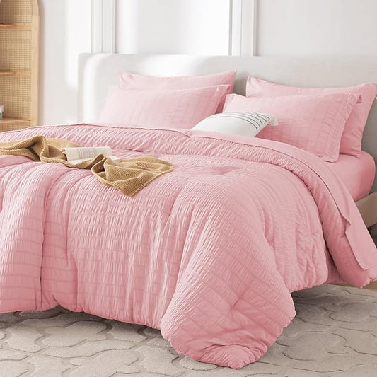 MUXHOMO 5 Pieces Twin XL Comforter Set, Seersucker Bed in a Bag Twin XL Size, All Season Luxury Bedding Set with Comforter, Flat Sheet, Fitted Sheet, Pillowcase & Sham, Pink