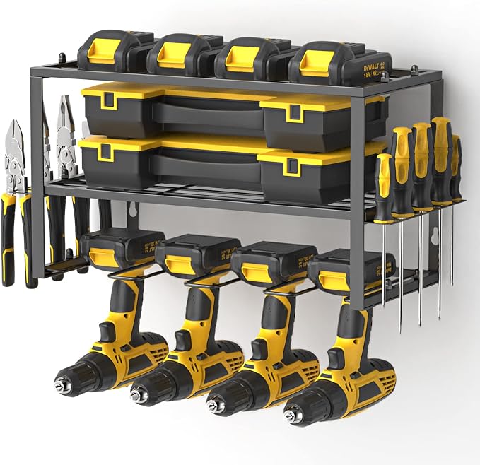 Spacecare Power Tool Organizer- Power Drill Tool Holder- Heavy Duty Tool Shelf & 1 Pack 3 Layers Tool Rack Cordless Drill Holder- Floating Tool Shelf Wall Mounted Tool Storage Rack for 4 Drill Holders by SPACECARE