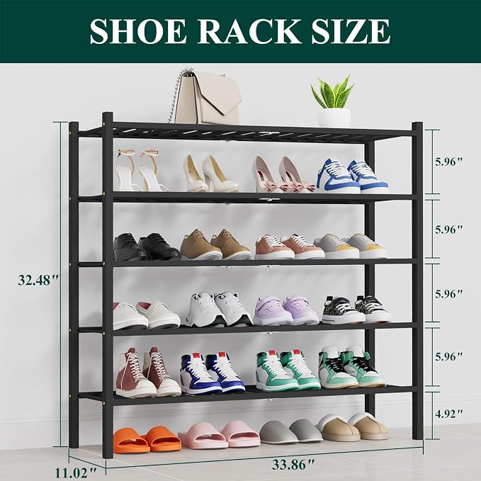 Smiry Shoe Rack, 5 Tier Thick Long Bamboo Shoe Organizer, Stackable Free Standing Wooden Shoe Storage Shelf for Closet, Entryway, Front Door Entrance, Black - Image 2