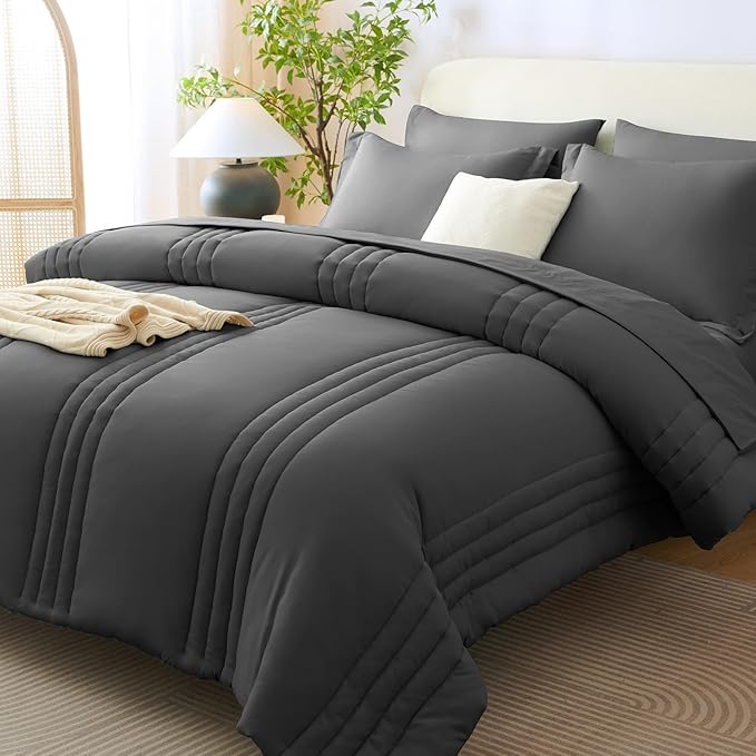 CozyLux California King Size Comforter Set - 7 Pieces Bed in a Bag Dark Grey Comforter Set with Sheets Cal King, Soft Bedding Set with Down Alternative Comforter, Sheets, Pillowcases & Shams