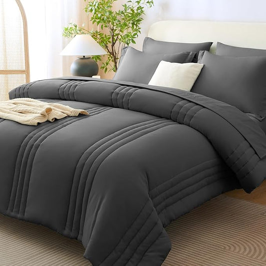 CozyLux King Size Comforter Sets - 7 Piece Bed in a Bag Dark Grey Comforter Set with Sheets Bed Set All Seasons, Soft Bedding Set with Down Alternative Comforter, Sheets, Pillowcases & Shams