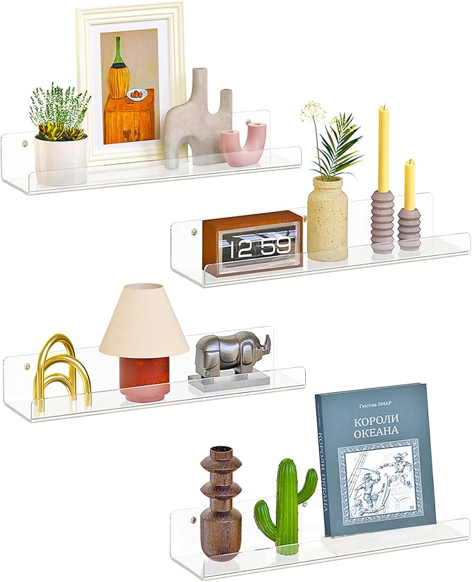 Dooiclear 4 Pack Floating Shelves for Wall, 15" Clear Book Shelf, Acrylic Floating Wall Shelf, Display Shelves Organizer for Bathroom, Classroom, Bedroom, Living Room, Kitchen, Room Decor by Dooiclear