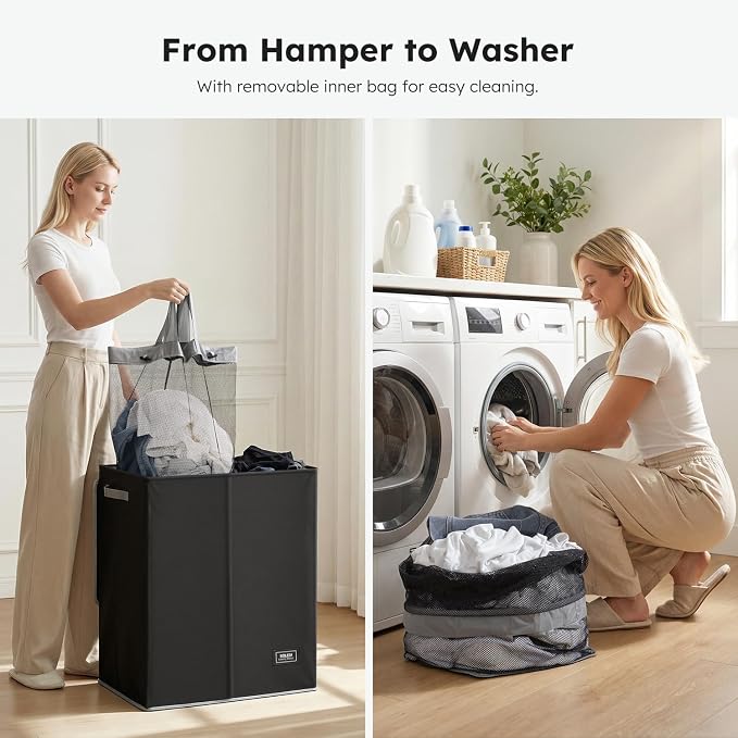 SOLEDI Double Laundry Hamper with Lid and Removable Laundry Bags,Divided Laundry Bin - Large Clothes Hamper 2 Section - Collapsible Laundry Baskets for Bedroom, Bathroom, Laundry Room,Black - Image 9