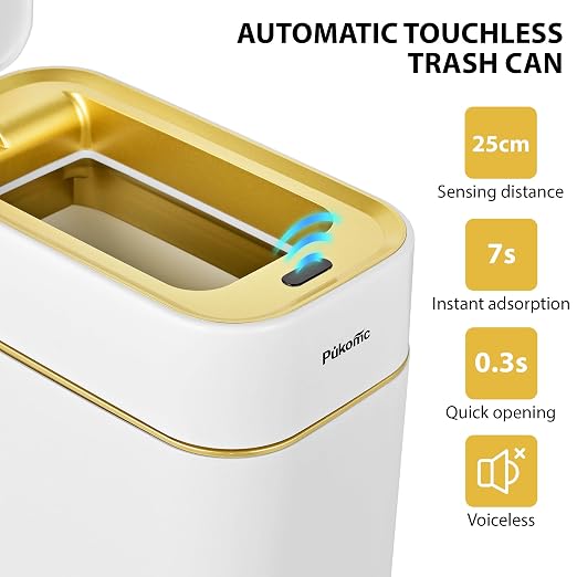 Pukomc 2.3 Gallon / 9L Automatic Adsorption Sensor Trash Can, White Gold Motion Sensor Garbage Bin with Suction, Slim Fashionable Design for Kitchen, Bathroom, Office & Small Space - Image 3