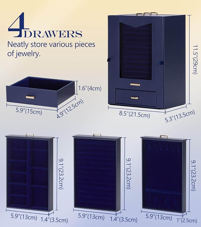 Homde Jewelry Organizer with Transparent Window Necklace Hooks Gift for Women Jewelry Box Display Case for Necklaces Rings Earrings Bracelets and Other Accessories (Dark Blue) - Image 6
