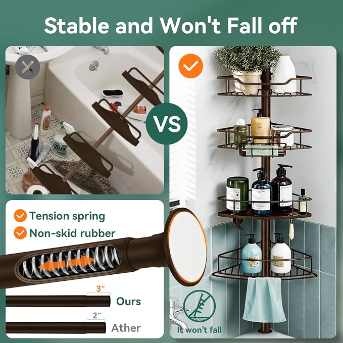 Corner Shower Caddy Tension Pole, 4 Tier Rustproof Shower Tension Rod Organizer, Adjustable 25-125 Inch Bathroom Shower Organizer Shelves for Bathtub Shampoo Storage, Brown - Image 2