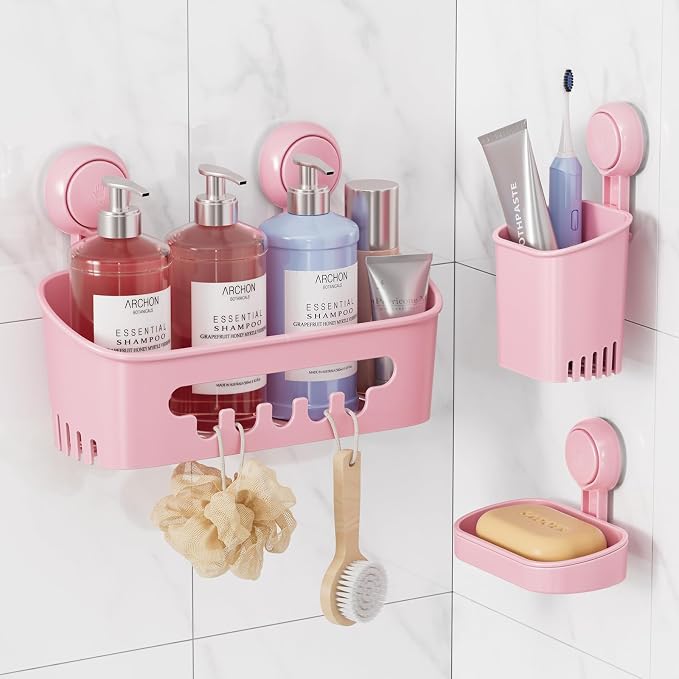 LEVERLOC Shower Caddy Suction Cup Set Shower Organizer & Soap Holder & Toothbrush Holder, Bathroom Shelf Basket NO-Drilling, Removable Suction Storage Waterproof Bathroom Caddy, Pink by LEVERLOC