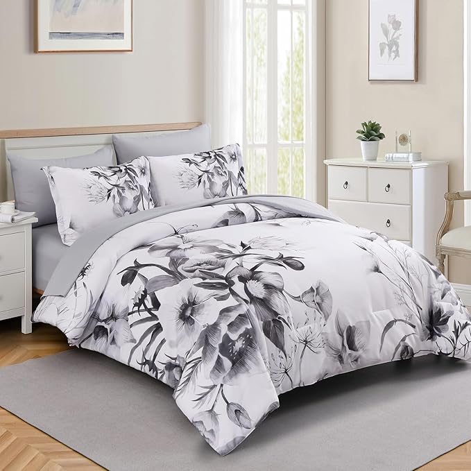 Luxudecor Floral Comforter Set King Size 7 Piece, Black Flower Bed in a Bag, Elegant Ink Comforter Bedding Set for All Season (Ink, 104"x90")