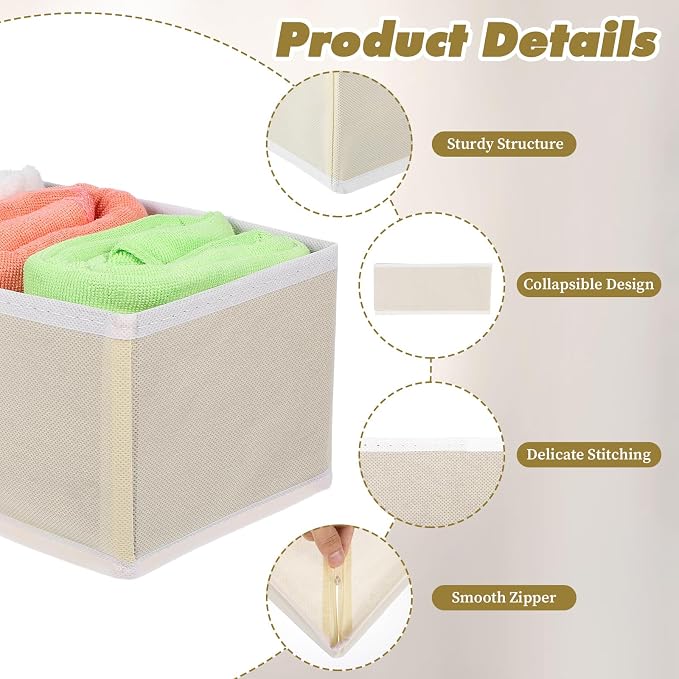 12 Pack Linen Drawer Organizer Set – Collapsible Fabric Storage Bins for Baby Clothes, Diapers, Socks, Bras & More (Beige, 3 Sizes) - Image 4