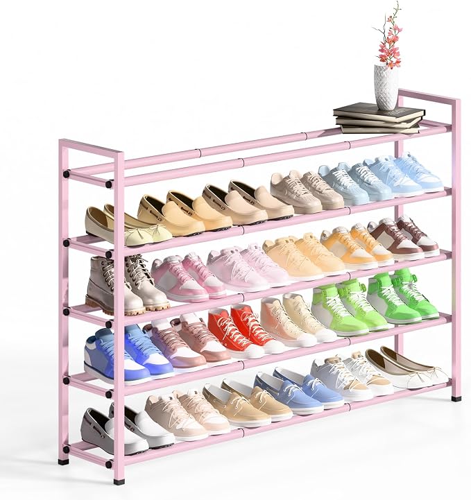 Bumusty 5-Tier Long Expandable Shoe Rack for Closet, 18"-44" Adjustable Shoe Rack for Entryway, 25-30 Pairs Large Shoe Organizer Shelf Storage, Sturdy Metal, Pink by BUMUSTY