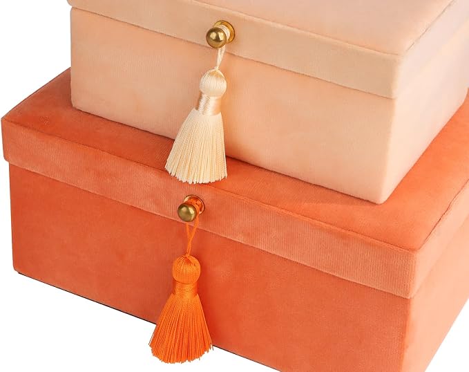 HofferRuffer Velvet Jewelry Boxes Decorative Boxes, Storage Accessory Organizer Boxes with Elegant Handle Decor, Classic Velvet Set of 2 Pieces (Orange) - Image 6