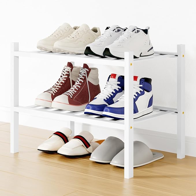 Smiry Shoe Rack, 2 Tier Small Bamboo Shoe Organizer, Stackable Free Standing Wooden Shoe Storage Shelf for Closet, Entryway, Front Door Entrance, White by Smiry