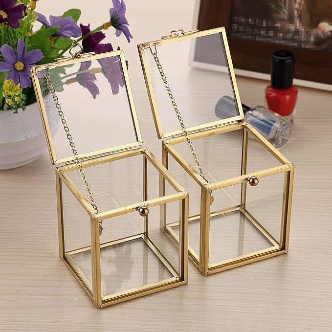 Hipiwe 2 Packs Vintage Glass Jewelry Organizer Box - Small Golden Metal Keepsake Box Desktop Jewelry Organizer Holder, Wedding Birthday Gift, Square Vanity Decorative Box for Dresser Bathroom - Image 6