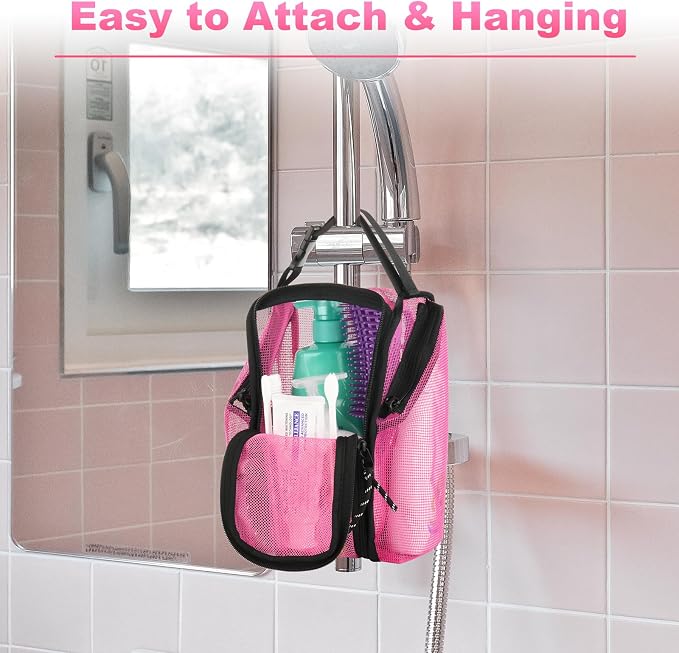 Cosmos Mesh Shower Caddy Toiletry Organizer Hanging Shower Tote Bag, Quick Dry Shower Organizer Portable Bath Bag with Durable Zippers & Side Pockets for Travel Gym Swimming Beach & Camp (Hot Pink) - Image 5