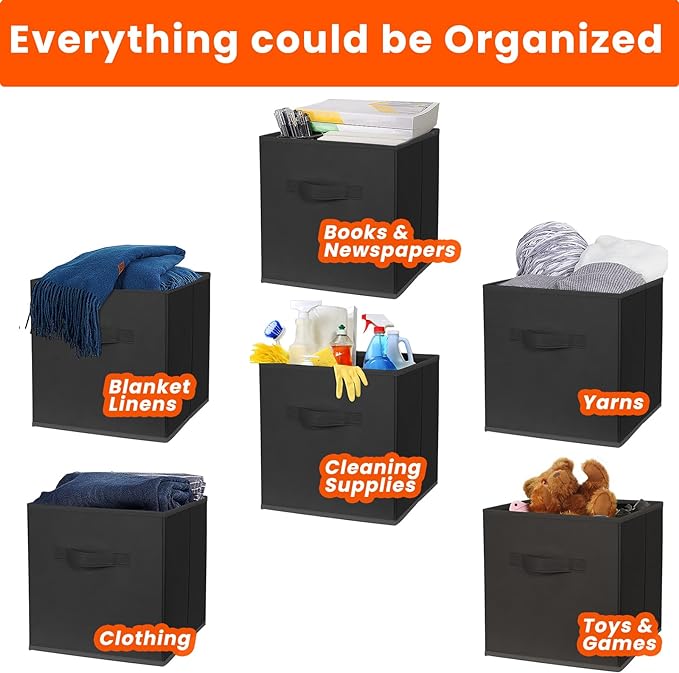 Criusia Storage Cubes, 11 Inch Clothes Storage Bins for Shelves Closet (10 Pack), Fabric Collapsible Storage Bins with Dual Handles, Cubby Storage Baskets Boxes, College Dorm Room Essentials (Black) - Image 4