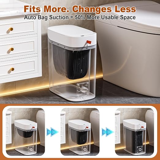 funest Bathroom Trash Can with Lid, Automatic Motion Sensor Trash Can, 3.5 Gallon Garbage Can, Type-C Rechargeable, Bag-Holding Design, One-Pull Auto Packing, Quiet-Close Hinge for Bedroom, Office - Image 6