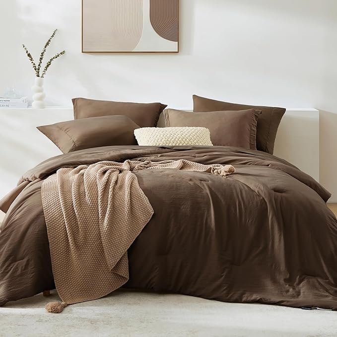 WRENSONGE Full Size Comforter Sets, 7 Pieces Chocolate Brown Bed in a Bag with Fitted Sheet, Flat Sheet, 2 Pillow Shams, 2 Pillowcases, Warm Bedding Sets for All Season