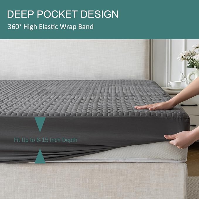 Waterproof Mattress Protector Full Size, Mattress Pad Cover with Deep Pocket Fitted Up to 6"-15" Depth, Noiseless Soft Breathable Bed Mattress Cover Washable, Gray