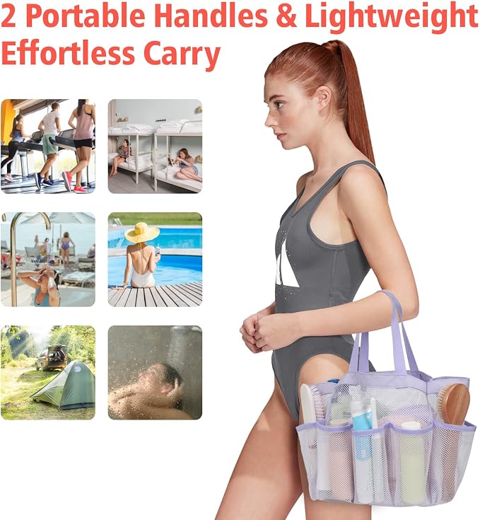 F-color Mesh Shower Caddy Portable, Upgrade Deeper 7 Pockets Shower Bag Basket Tote for College Dorm Room Toiletry Bathroom Essentials Gym Camp Quick Dry 2 handles with S Hook, Purple - Image 5