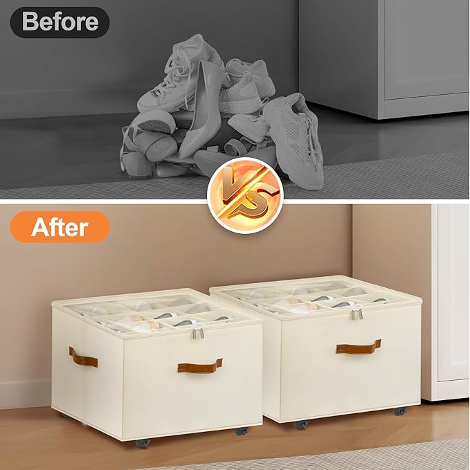 Shoe Organizer for Closet, 2 Pack Shoe Storage Organizer with Wheels and Adjustable Dividers, Stackable Shoe Storage Box with Clear Cover, Foldable Closet Shoe Organizer Fits up to 16-32 Pairs, Beige - Image 6